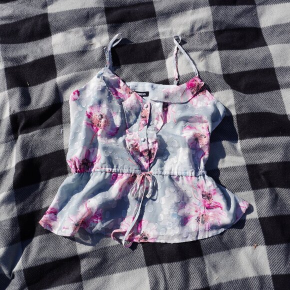 NWT Size M Express Floral Spaghetti Strap Blue Polka Dot Peplum Top - Picture 2 of 7